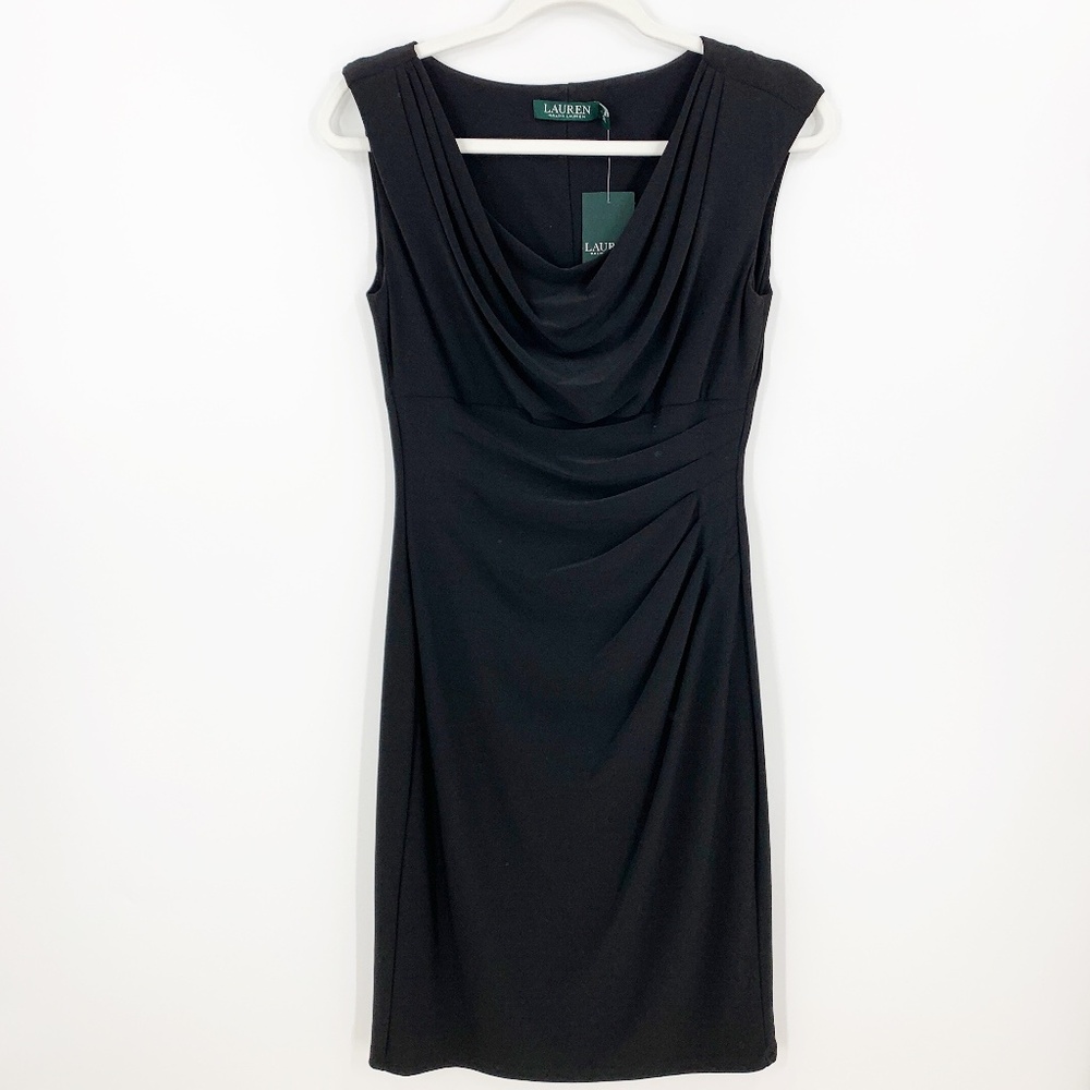 Lauren Ralph Lauren Jersey Knit Cowl Neck Ruched Dress Black Sz 6